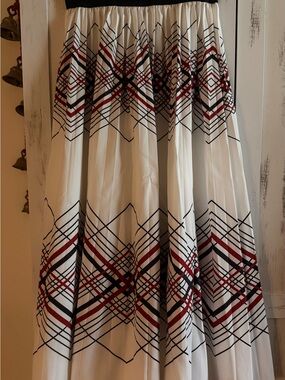 Women's White Maxi Skirt with Black & Red Geometric Print